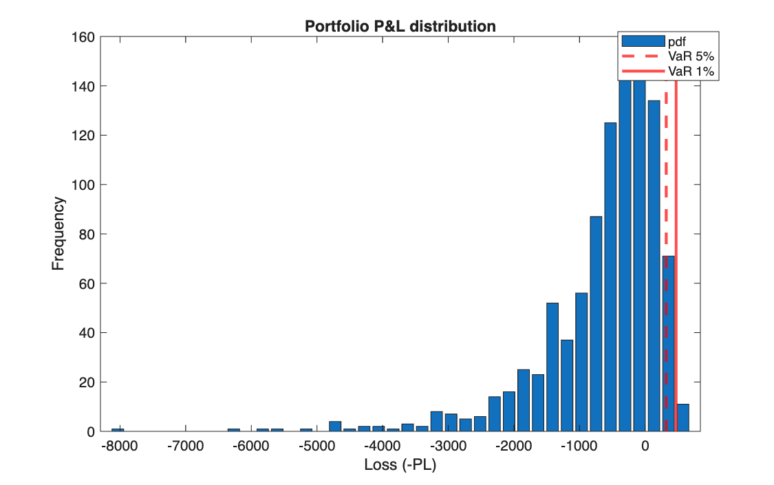 Distribution of the simulated losses with the two VaR levels